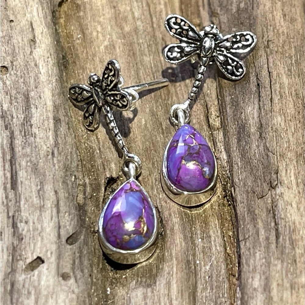 Copper Purple Turquoise - Dragonfly Dangle 925 Po… - image 1